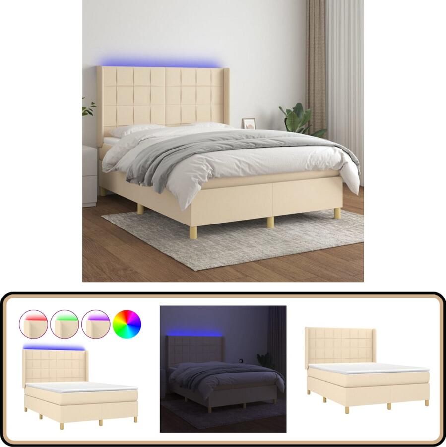VidaXL Boxspring Matras en LED 140x200 cm crème Boxspring Led Boxspring Pocketed Spring Mattress Creme Boxspring Tweepersoons Boxspring Frame Bedroom Furniture