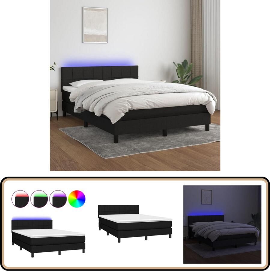 VidaXL Boxspring Matras & LED 140x200 cm Zwart Boxspring Bed Led Bed Boxspring Met Led Pocketveer Matras Elektrisch Hoofdbord Slaapcomfort Design Bed Zwarte Boxspring