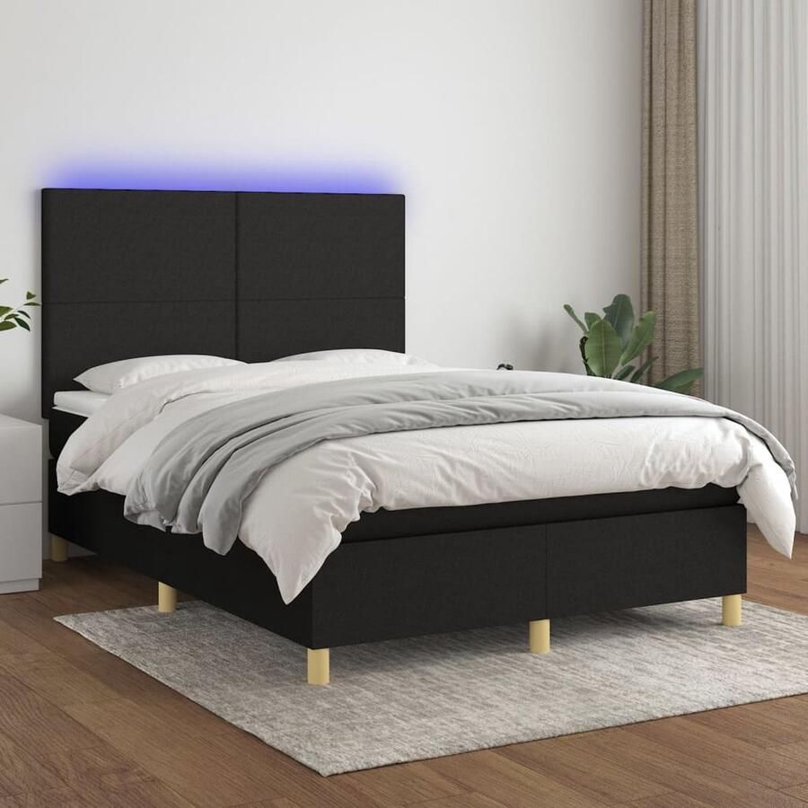 VidaXL Boxspring Matras & LED 140x200 cm Zwart Boxspring Led Bed Boxspring Frame Slaapcomfort Tweepersoons Bed Zitzakken Hoofdbord Nachtlampje - Foto 2