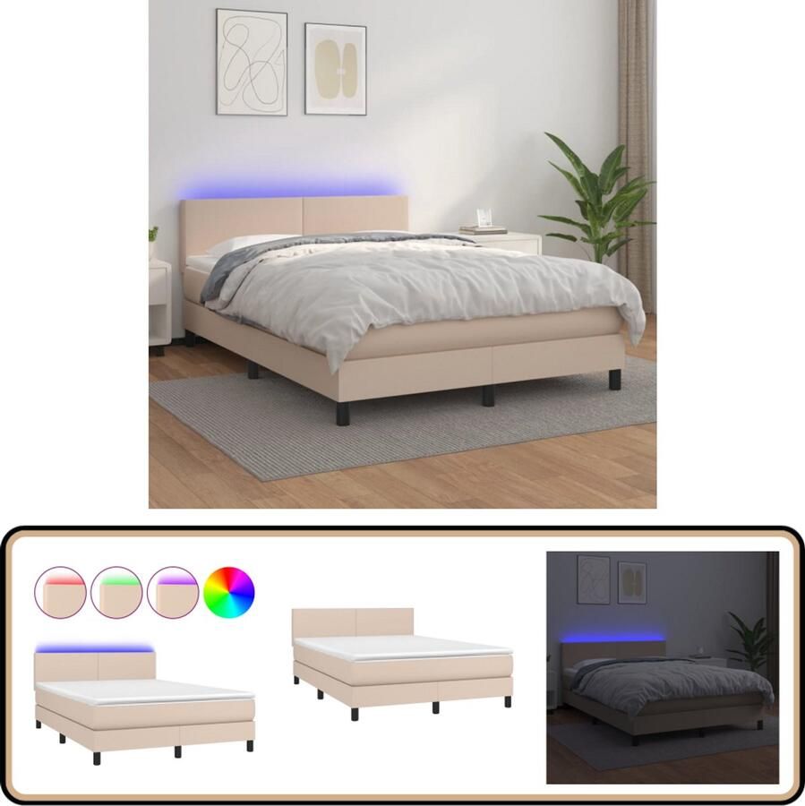 VidaXL Boxspring Matras en LED 140x200cm Cappuccino Boxspring Led Bed Kunstleder Bed Bruine Boxspring Tweepersoons Bed