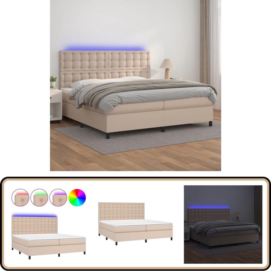 VidaXL Boxspring Matras en LED Cappuccino 200x200cm Boxspring Bed Kunstleder Bed Bruine Boxspring Led Bed Adjustable Headboard