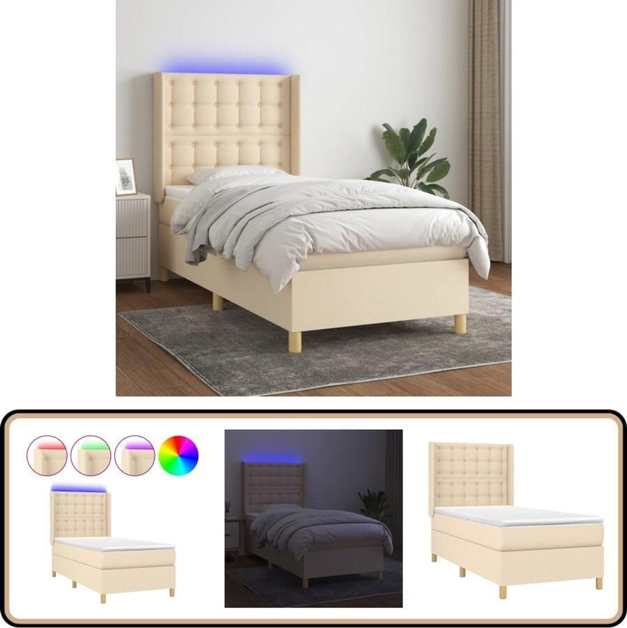 VidaXL Boxspring Matras en LED Crèmekleurig 80x200 cm Boxspring Led Bed Verstelbare Hoofdbord Creme Bed Tweepersoons Bed