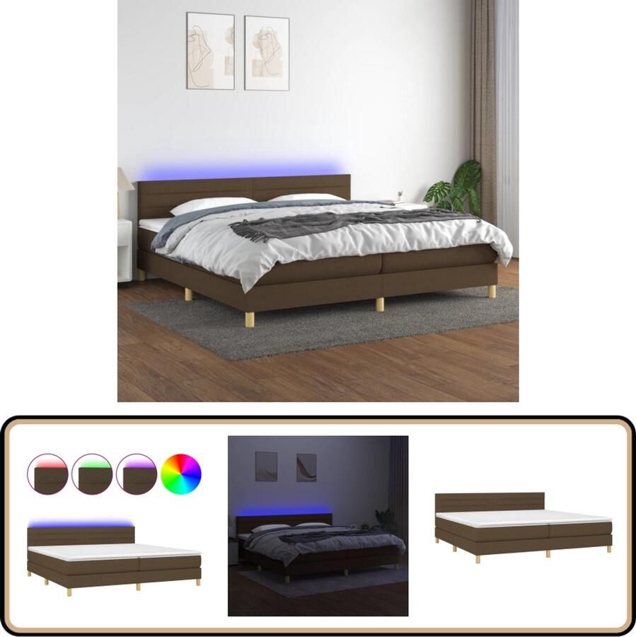 VidaXL Boxspring Matras en LED Donkerbruin 200x200cm Boxspring Donkere Bruine Boxspring Verstelbare Boxspring Led Boxspring Pocketed Veren Matras