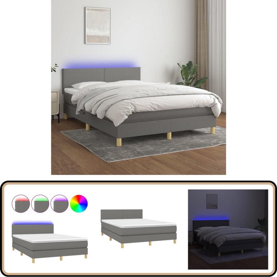 VidaXL Boxspring Matras en LED Donkergrijs 140x190 cm Boxspring Led Bed Donkere Grijze Boxspring Met Led Slaapcomfort Lederlook Design Bed Tweepersoons Bed