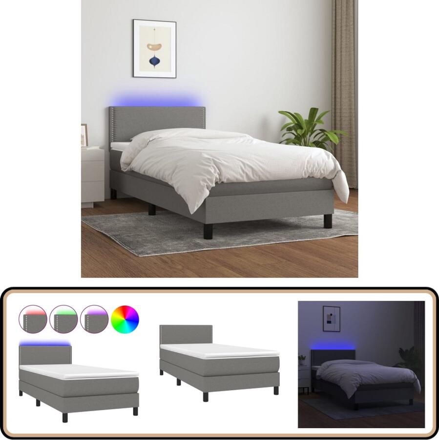 VidaXL Boxspring Matras & LED Donkergrijs 80x200 cm Boxspring Donkere Kleuren Led Lampen Pocketed Veren Matras Hoofdbord Slaapcomfort