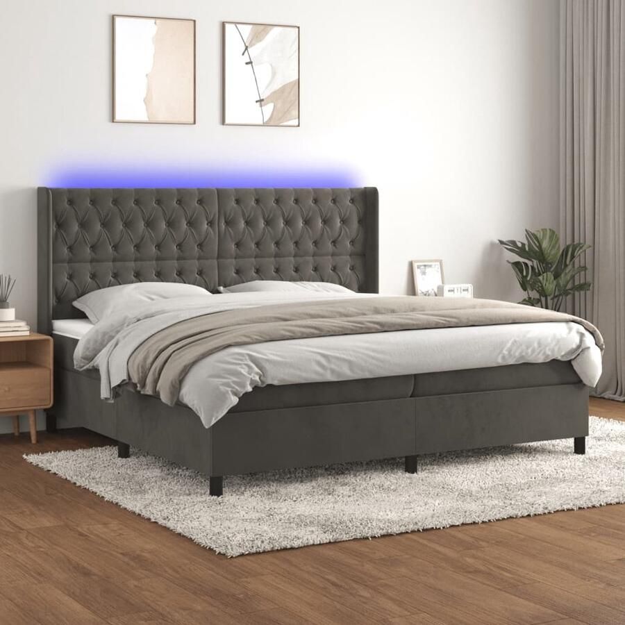 VidaXL Boxspring Matras & LED Fluweel 200x200 cm Boxspring Fluweel Bed Donkere Kleuren Led Lampen Pocketed Spring Mattress Adjustable Headboard - Foto 2