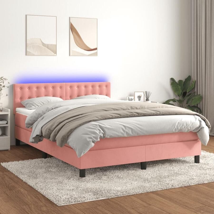 VidaXL Boxspring Matras & LED Fluweel Roze 140x190 cm Boxspring Fluweel Bed Verstelbare Hoofdbord Led Verlichting Pocketvering Matras Roze Bed - Foto 2