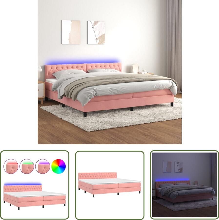 VidaXL Boxspring Matras & LED Fluweel Roze 200x200cm Boxspring Bed Roze Boxspring Velvet Boxspring Led Boxspring Tweepersoons Bed King Size Bed