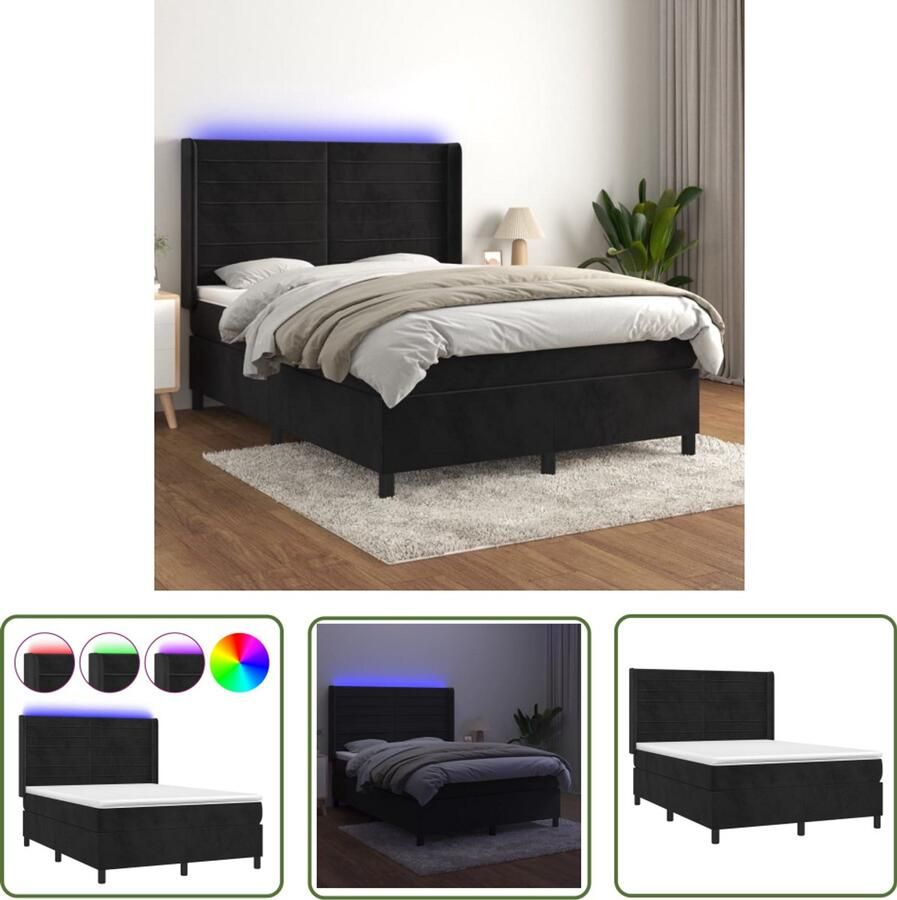 VidaXL Boxspring Matras en LED Fluweel Zwart 140x190 cm Boxspring Bed Fluweel Bed Verstelbare Hoofdbord Led Lampje Pocketveer Matras Huidgevend Topmatras Zwarte Boxspring