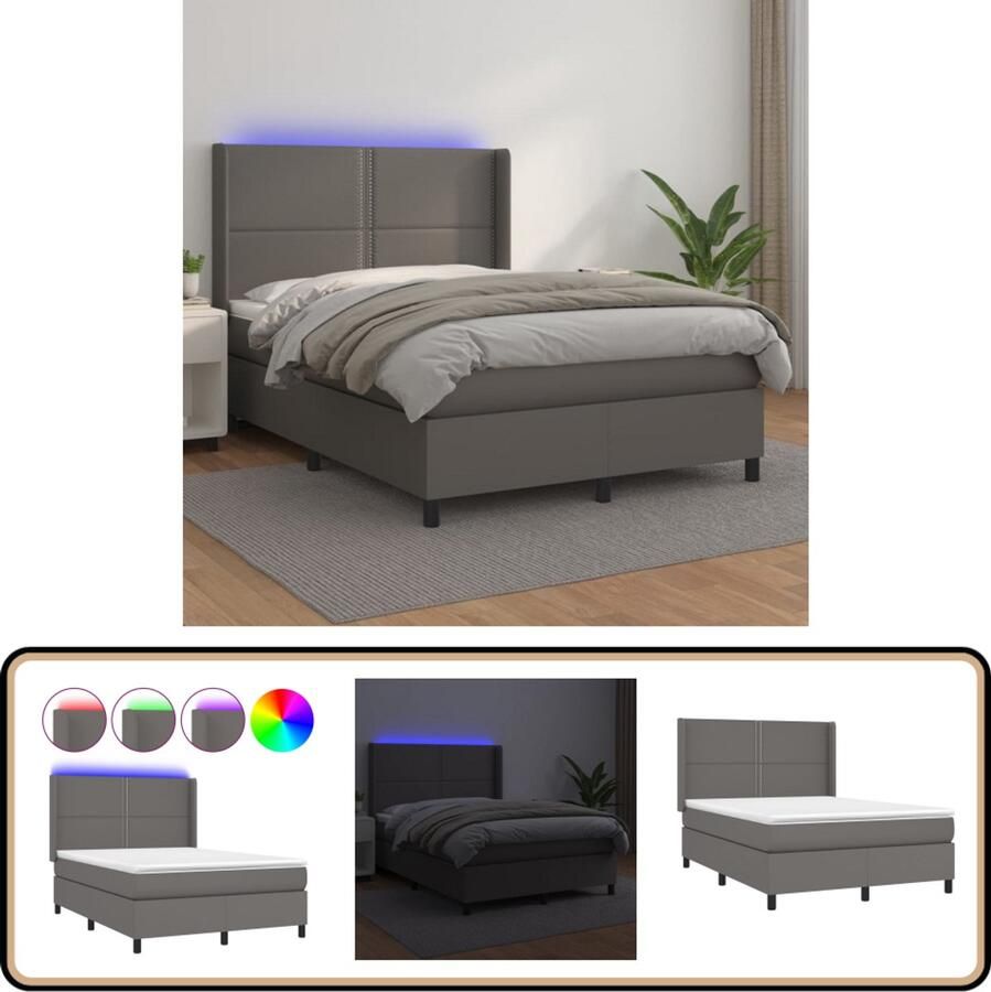 VidaXL Boxspring Matras en LED Grijs 140x200 cm Boxspring Led Lamp Kunstleder Bed Tweepersoons Bed Slaapcomfort