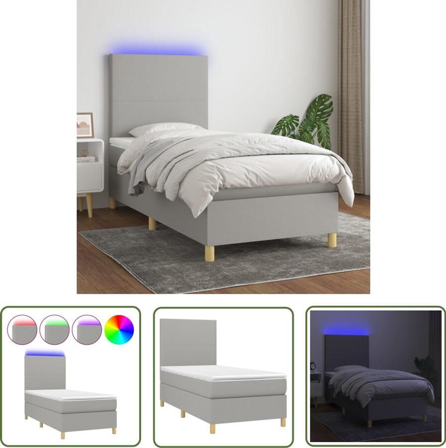 VidaXL Boxspring Matras en LED Lichtgrijs 90x200 cm Boxspring Led Lamp Slaapcomfort Tweepersoonsbed Pocketed Veren Matras Grijs Bed Modern Design