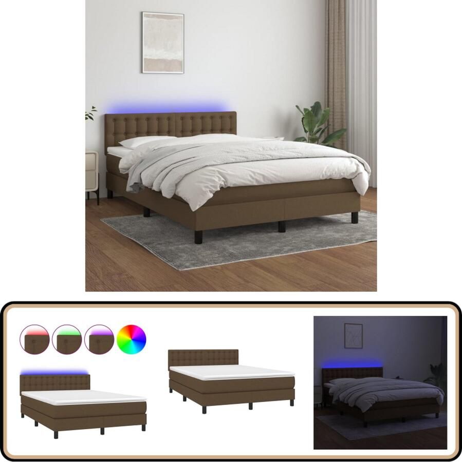 VidaXL Boxspring Matras en LED Stof 140x190 cm Boxspring Bed Donkere Bruine Boxspring Led Boxspring Verstelbare Hoofdbord Pocketed Spring Mattress