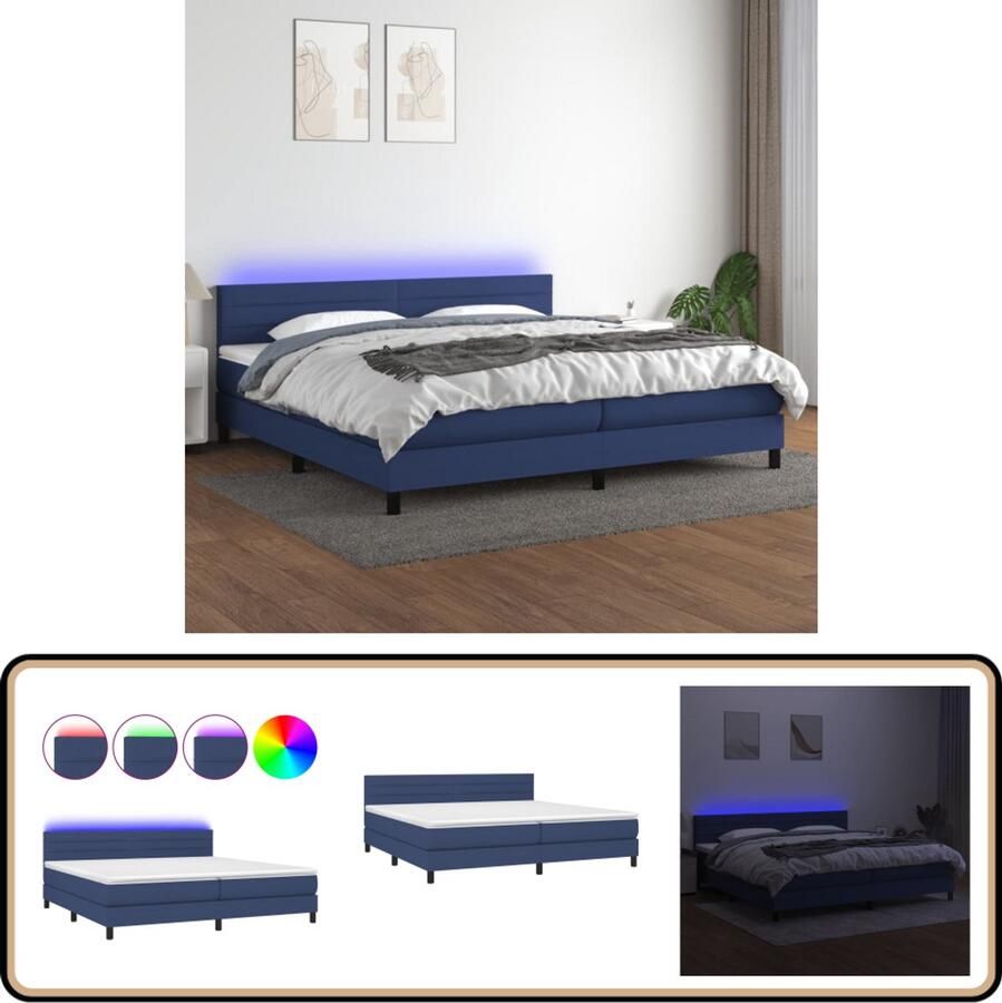 VidaXL Boxspring Matras & LED Stof Blauw 200x200 cm Boxspring Led Lamp Slaapcomfort Verstelbare Hoofdbord Blauwe Boxspring