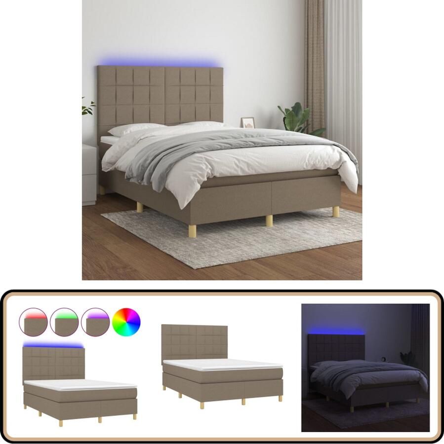 VidaXL Boxspring Matras & LED Stof Taupe 140x200 cm Boxspring Bed Led Lampje Pocketveer Matras Taupe Bed Slaapcomfort Slaapkamers Bedroom Furniture