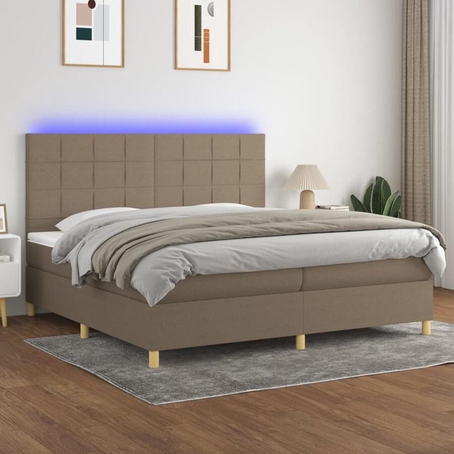 VidaXL Boxspring Matras & LED Stof Taupe 200x200 cm Boxspring Bed Led Lamp Pocketed Spring Mattress Taupe Bed Slaapcomfort King Size Bed - Foto 2
