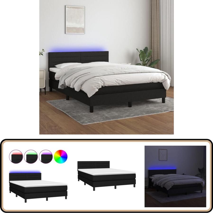 VidaXL Boxspring Matras & LED Stof Zwart 140x190 cm Boxspring Bed Led Lamp Pocketed Spring Mattress Adjustable Headboard Bedroom Furniture