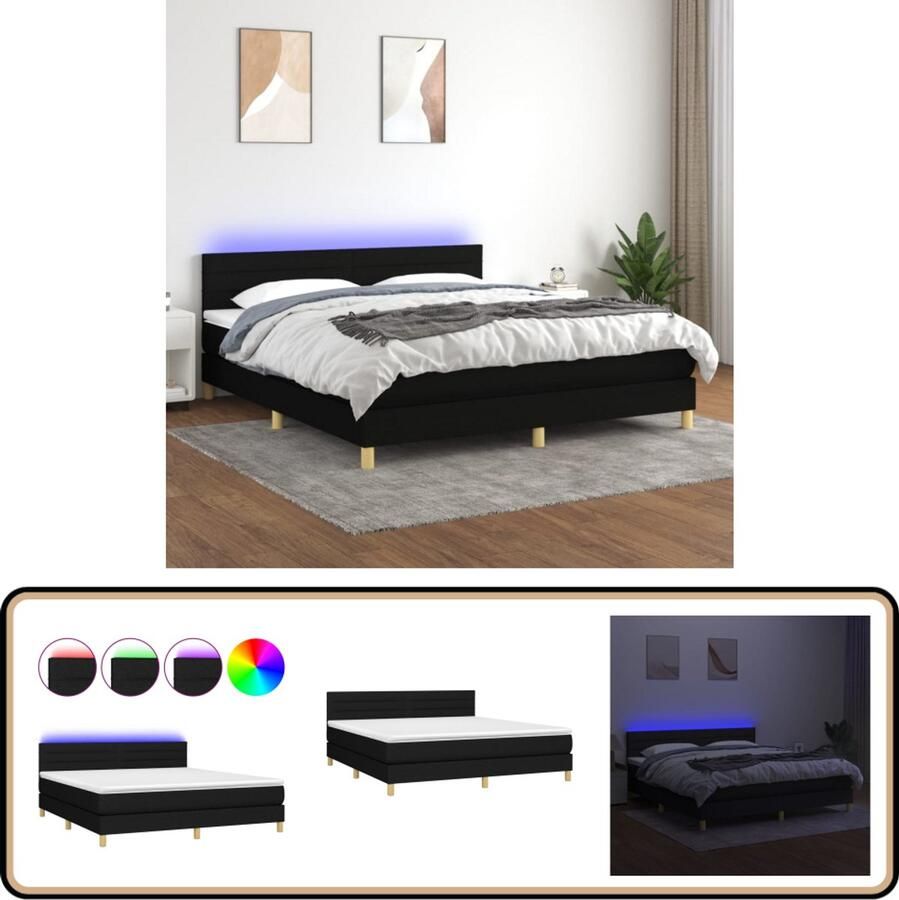 VidaXL Boxspring Matras & LED Stof Zwart 160x200cm Boxspring Bed Frame Led Lamp Pocketed Spring Mattress Adjustable Headboard