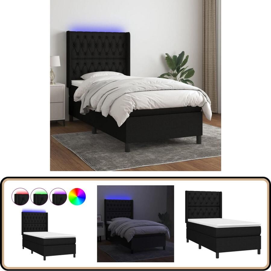 VidaXL Boxspring Matras & LED Stof Zwart 80x200 cm Boxspring Led Bed Boxspring Met Led Slaapcomfort Design Bed Modern Bed Zware Boxspring Groot Bed King Size Bed