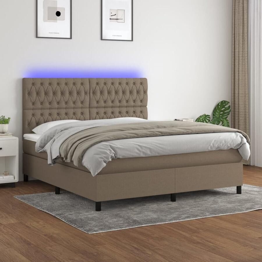 VidaXL Boxspring Matras en LED Taupe 160x200 cm Boxspring Led Bed Pocketed Spring Mattress Boxsprings Kopen Taupecouleur Tweepersoonsbed King Size Bed - Foto 2