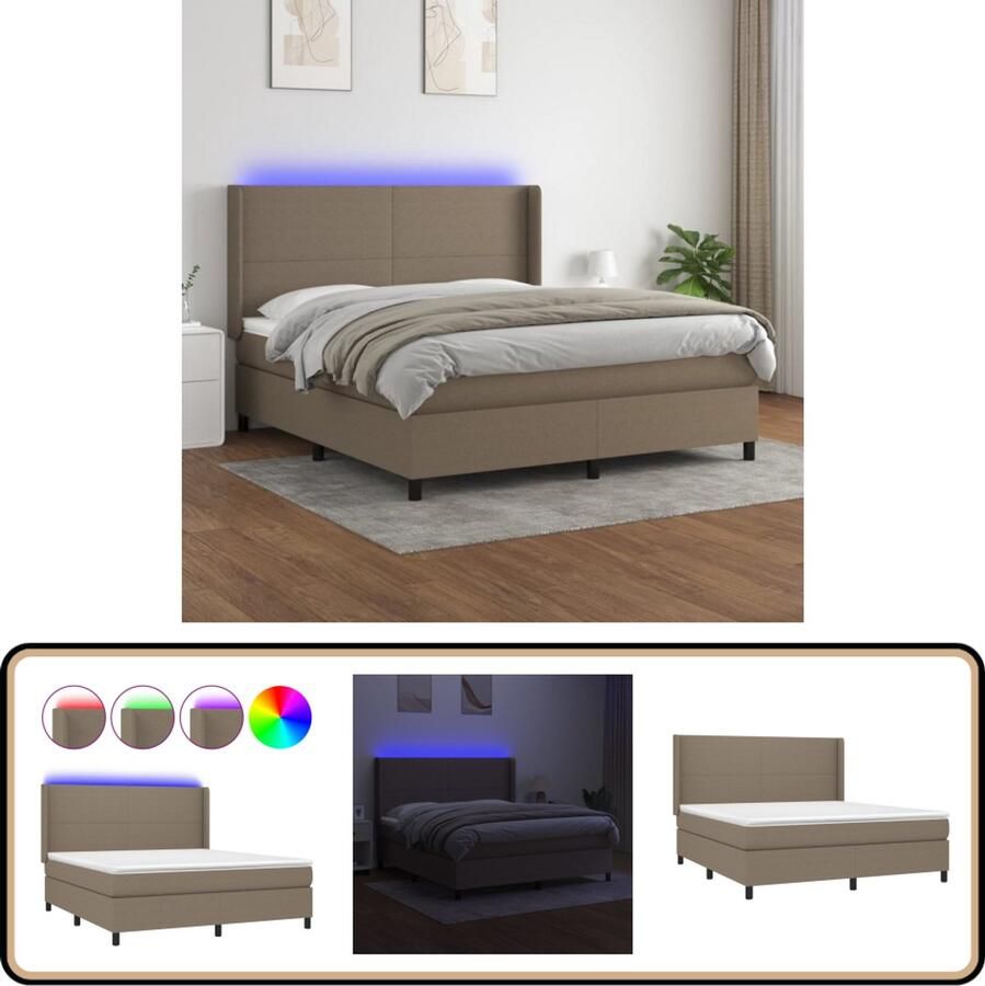 VidaXL Boxspring Matras en LED Taupe 180x200 cm Boxspring Bed Led Bed Pocketveer Matras Taupe Bed Tweepersoons Bed Slaapcomfort Hoofdbord Bedroom Furniture