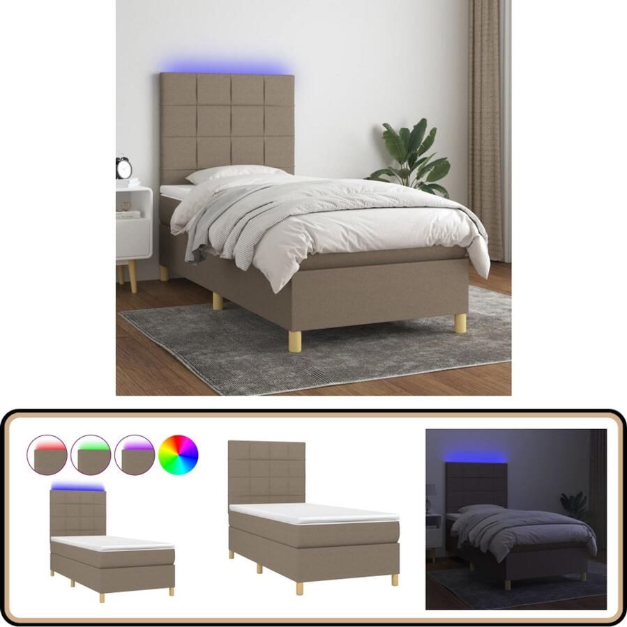 VidaXL Boxspring Matras en LED Taupe 90x190cm Boxspring Led Lamp Boxsprings Verstelbare Hoofdbord Pocketing Matras Slaapcomfort Taupec