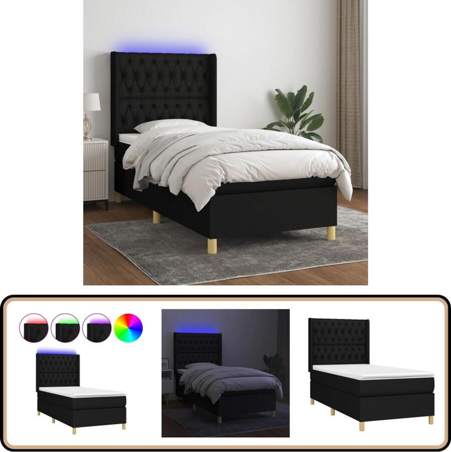 VidaXL Boxspring Matras en LED Zwart 100x200 cm Boxspring Led Boxspring Met Led Slaapcomfort Slaapkamers Design Bed Zwarte Boxspring Tweepersoons Boxspring