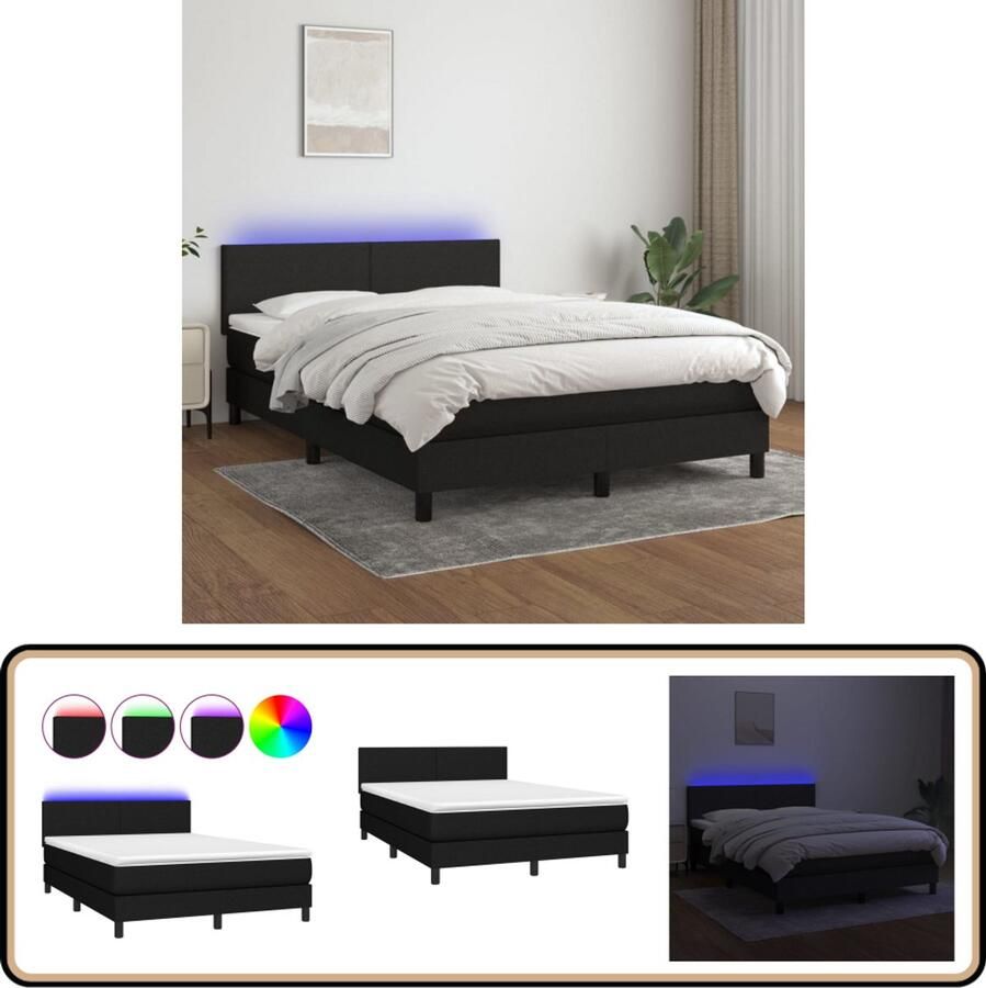 VidaXL Boxspring Matras en LED Zwart 140x200 cm Boxspring Led Bed Boxspring Met Led Slaapcomfort Slaapkamers