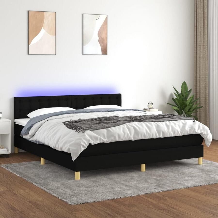 VidaXL Boxspring Matras en LED Zwart 160x200 cm Boxspring Led Lamp Pocketveer Matras Zwarte Boxspring Tweepersoons Bed Slaapcomfort Hoofdbord Design Bed - Foto 2