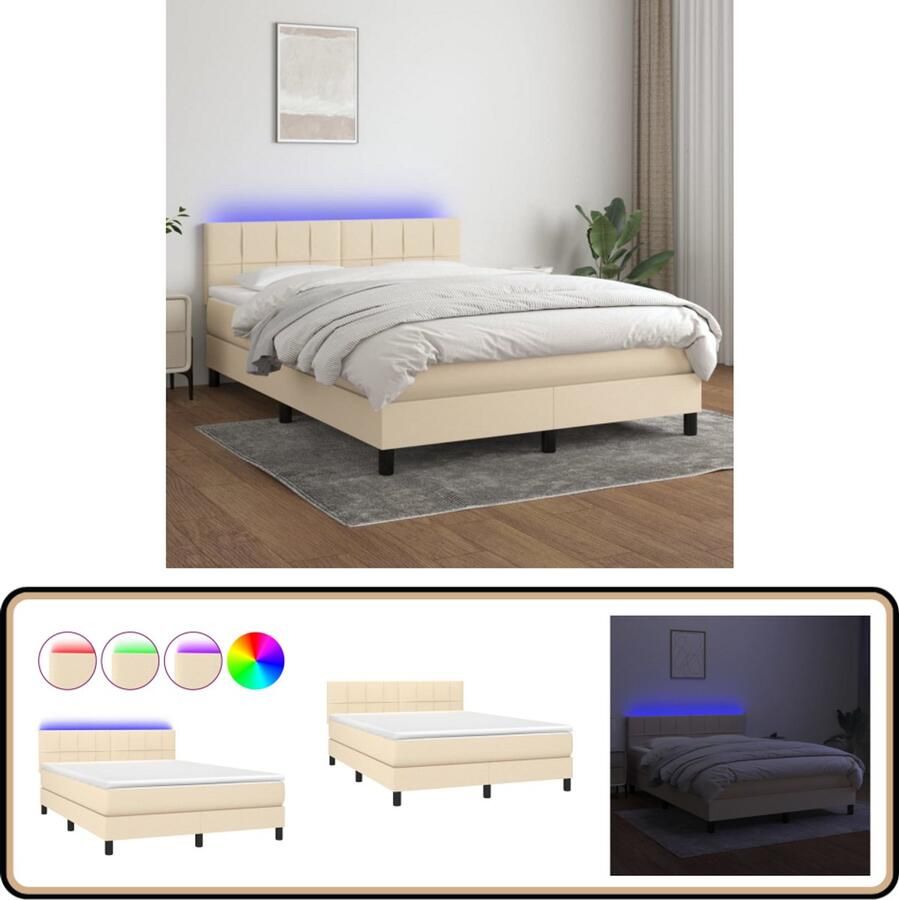 VidaXL Boxspring Matras LED 140x200 cm Crème Boxspring Led Lamp Creme Kleurtje Tweepersoons Bed Pocketed Veren Matras Luxe Bed Frame Bedroom Furniture
