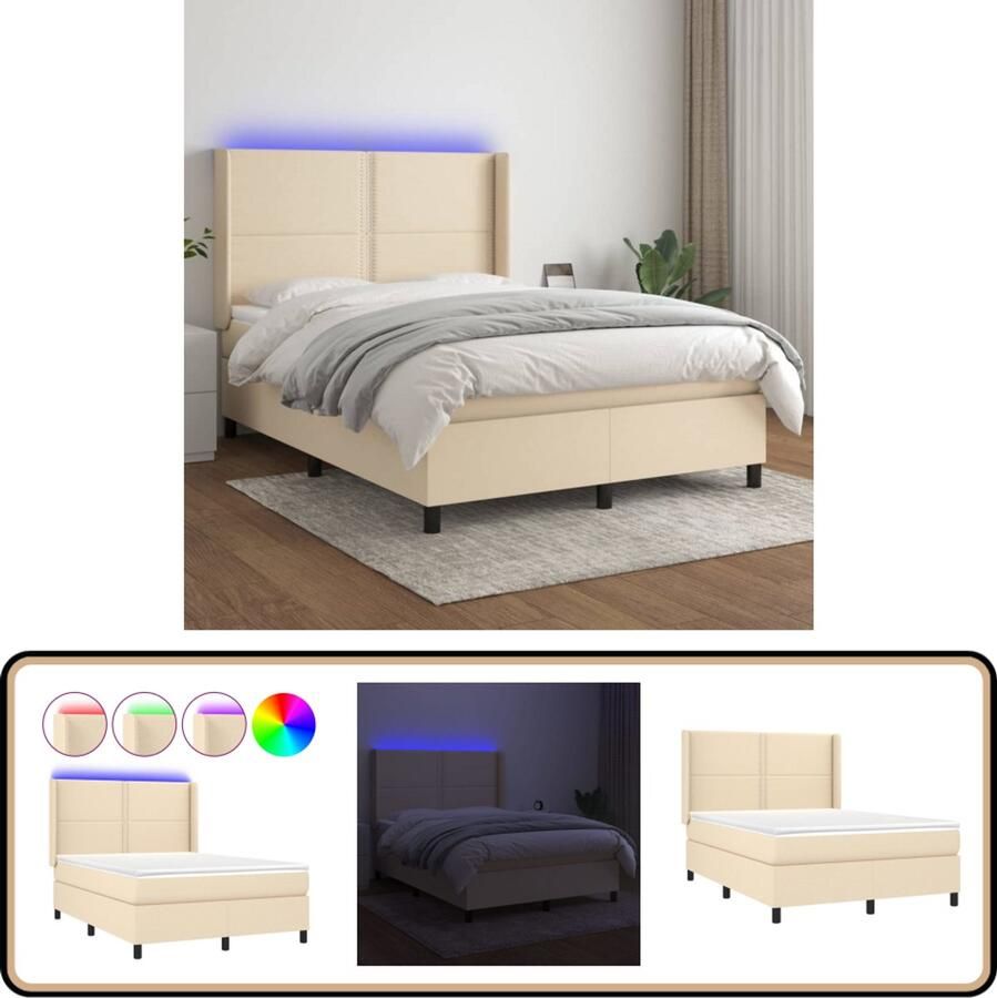 VidaXL Boxspring Matras LED Crèmekleurig 140x200 cm Boxspring Led Boxspring Creme Boxspring 140x200 Pocketveer Matras