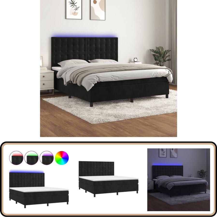 VidaXL Boxspring Matras LED Fluweel Zwart 160x200 cm Boxspring Zwarte Boxspring Velvet Boxspring Verstelbare Boxspring Led Boxspring