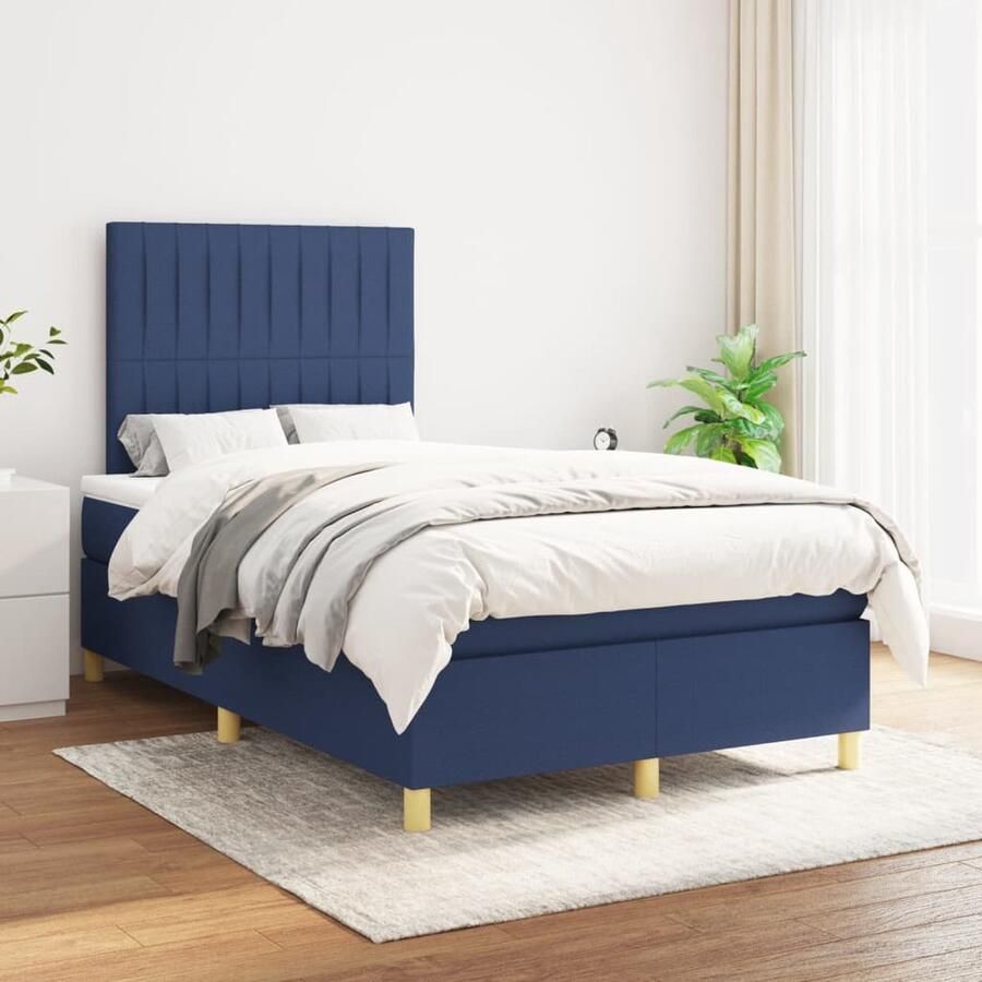 VidaXL Boxspring Matras Stof Blauw 120x200 cm Boxspringbed Slaapcomfort Pocketveermatras Hoofdboard Blauwe Kamer Bedroom Furniture - Foto 2