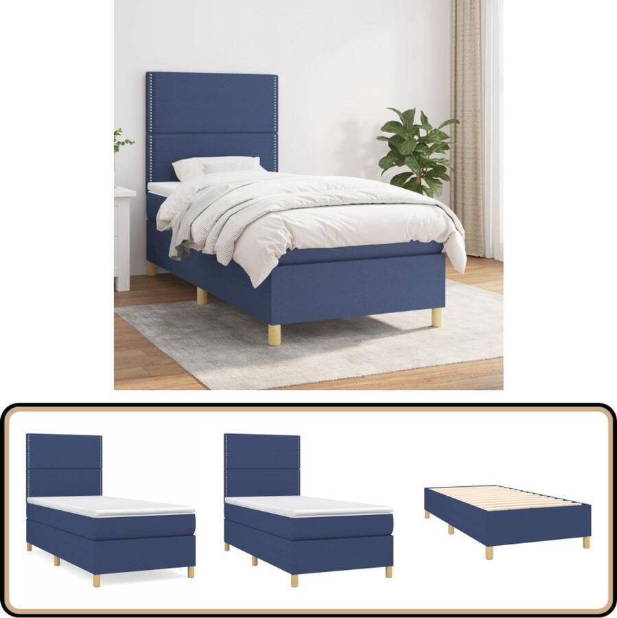 VidaXL Boxspring Matras Stof Blauw 90x190 cm Boxspringbed Pocketvering Slaapkamer Meubilair Tweepersoonsbed Blauwe Bedden