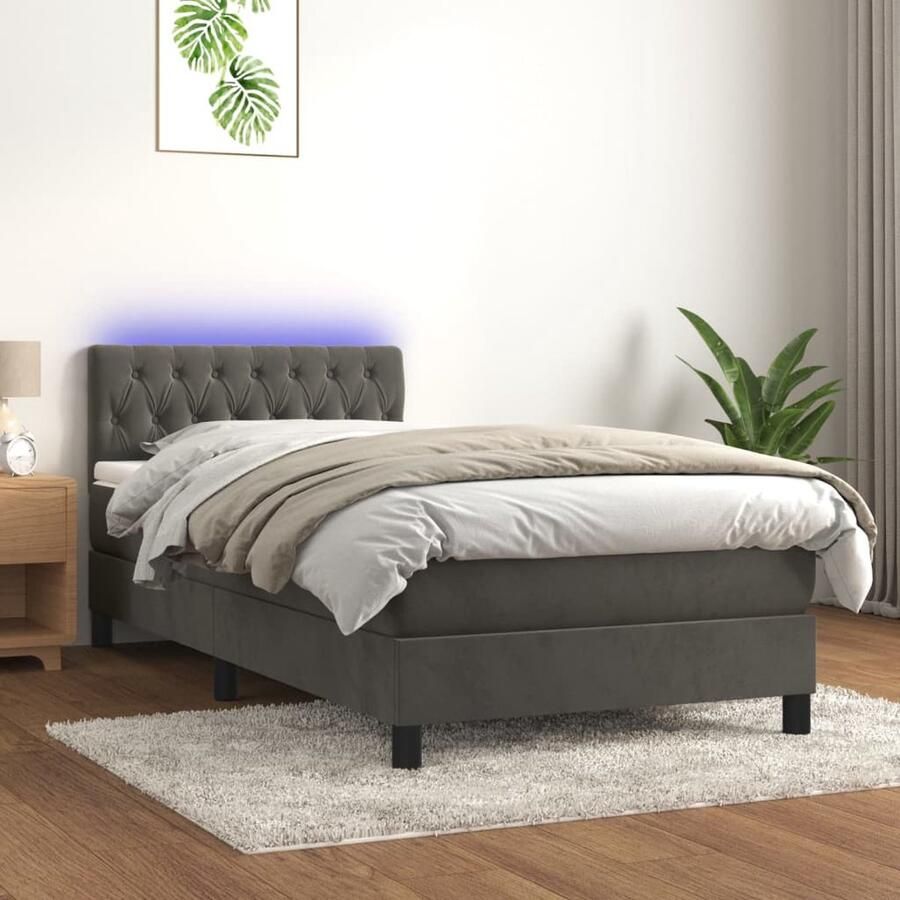 VidaXL Boxspring met LED 100x200 cm Donkergrijs Boxspring Donkere Kleuren Velvet Led Verlichting Elektrisch Verstelbare Hoofdbord Pocketed Spring Mattress Slaapcomfort - Foto 2