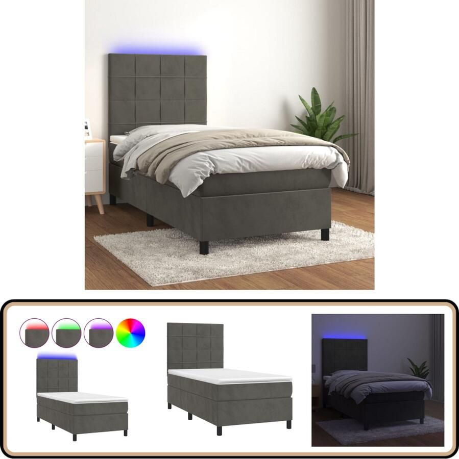 VidaXL Boxspring met LED 100x200 cm Fluweel Grijs Boxspring Fluweel Bed Verstelbare Hoofdbord Led Lampen Pocketveer Matras Luxe Bed