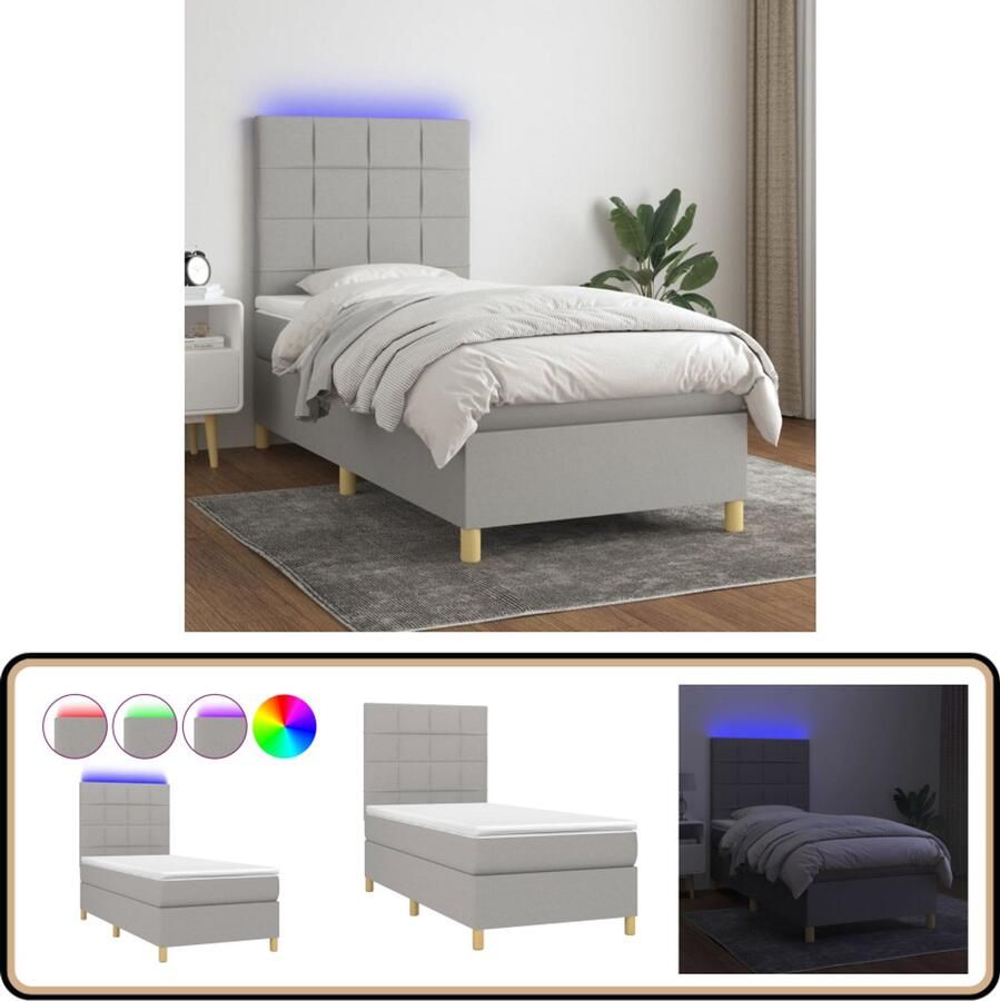 VidaXL Boxspring met LED 100x200 cm Lichtgrijs Boxspring Led Bed Slaapcomfort Verstelbare Hoofdbord Pocketveer Matras
