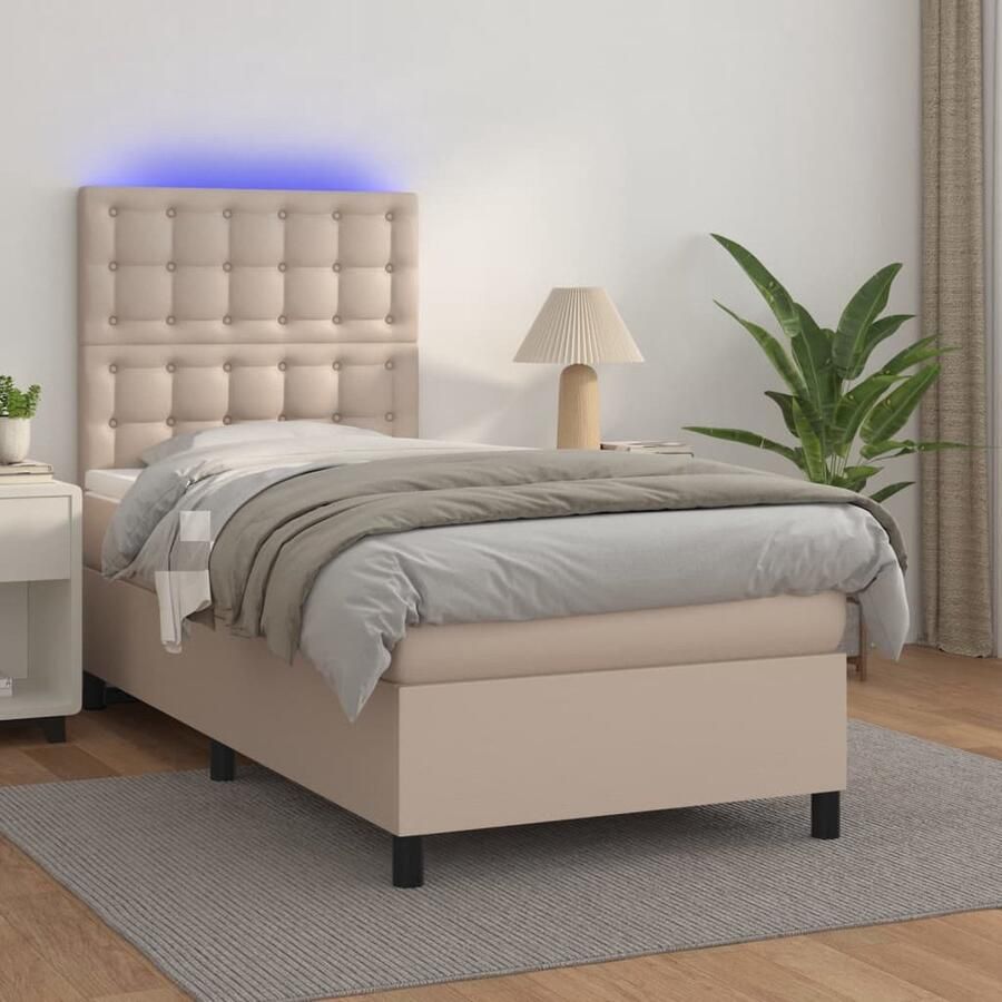 VidaXL Boxspring LED Kunstleer Cappuccino 90x190 cm Boxspring Bed Frame Lederlook Bruine Bank Slaapcomfort Led Verlichting Kapstok