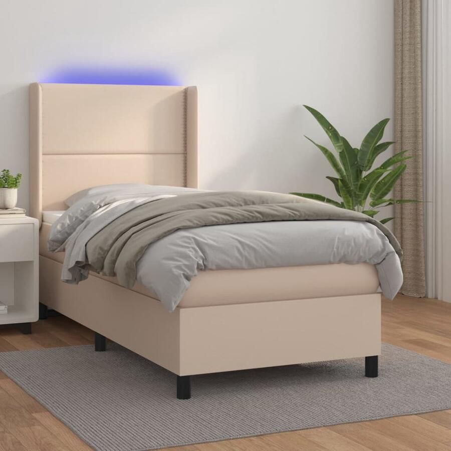The Living Store Boxspring LED Kunstleren Bed 203 x 93 x 118 128 cm Pocketvering Matras Huidvriendelijk Topmatras Cappuccino Wit USB Boxspring Led Bed Kunstleder Bed Boxspring Frame Bedroom Furniture