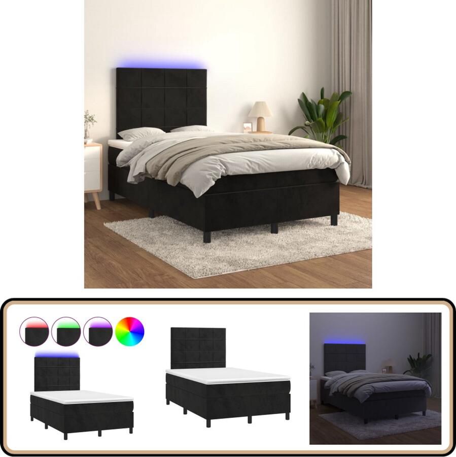 VidaXL Boxspring met LED 120x200 cm Fluweel Zwart Boxspring Fluweel Bed Zwarte Boxspring Led Lampje Bed Verstelbare Hoofdbord