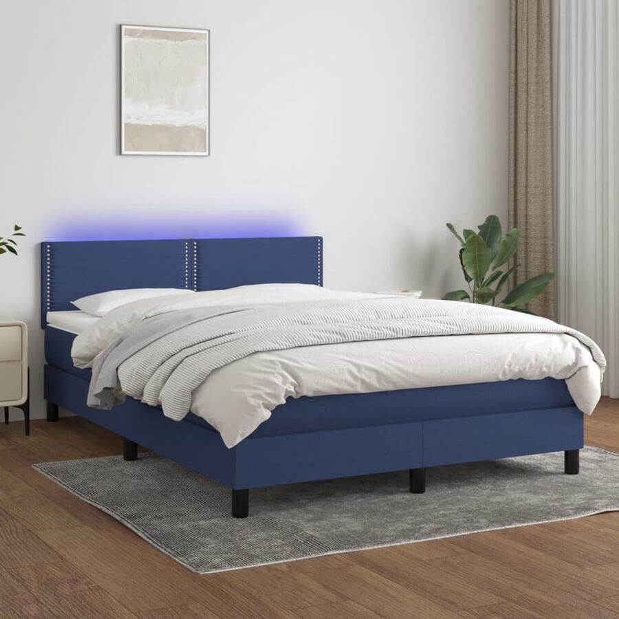 VidaXL Boxspring met matras en LED 140x200 cm Blauw Boxspring Led Lamp Slaapcomfort Pocketveer Matras Blauwe Boxspring Frame Bed Hoofdbord Bedroom Furniture - Foto 2