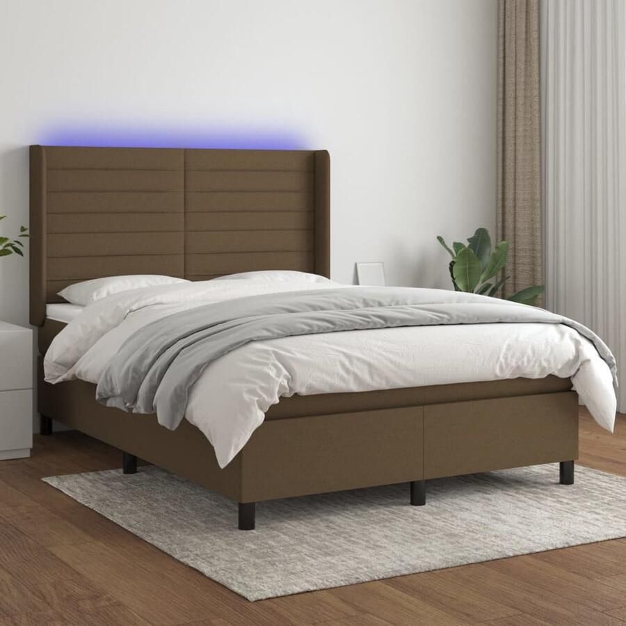 VidaXL Boxspring met LED 140x190 cm Donkerbruin Boxspring Led Lamp Boxsprings Slaapcomfort Tweepersoonsbed Donkere Kleuren Designbed Bedroom Furniture Hoofdbord Lederlook - Foto 2