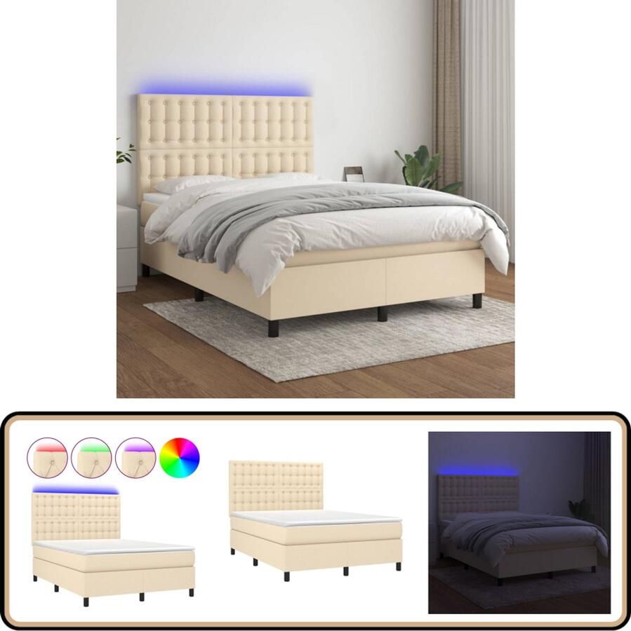 VidaXL Boxspring met LED 140x190 cm Inclusief Matras Boxspring Led Bed Pocketveer Matras Creme Bed Slaapcomfort