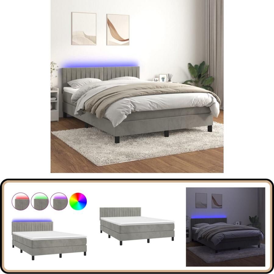 VidaXL Boxspring met LED 140x190 cm Lichtgrijs Boxspring Led Boxspring Fluweel Bed Verstelbare Hoofdbord Pocketveer Matras Slaapcomfort