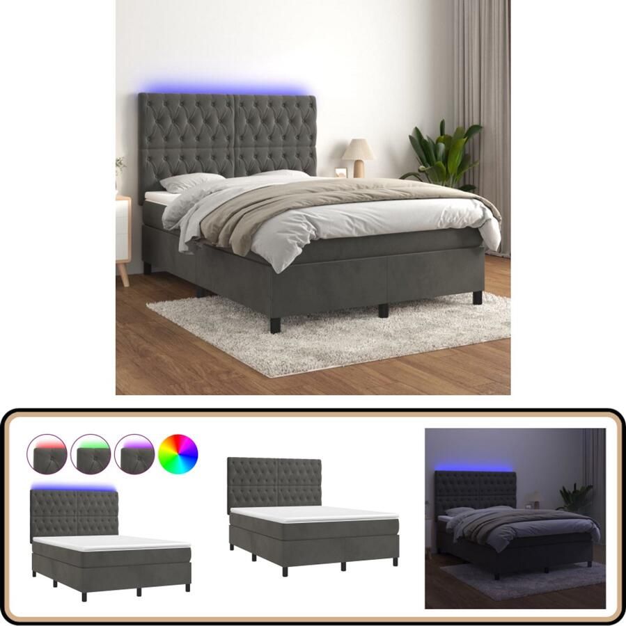 VidaXL Boxspring met LED 140x200 cm Donkergrijs Boxspring Bed Fluweel Bed Led Bed Donkere Kleuren Meubilair Slaapkamers Decoratie Tweepersoons Bed