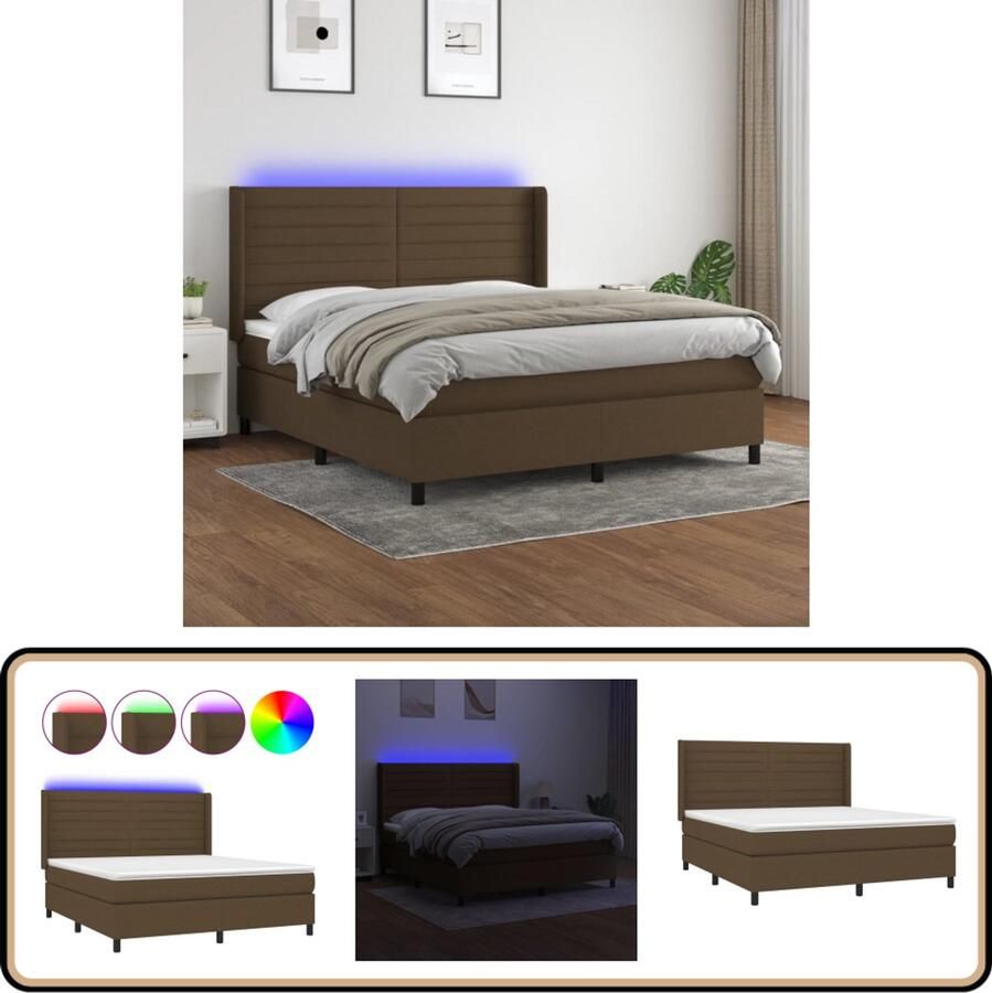 VidaXL Boxspring met LED 160x200 cm Donkerbruin Boxspring Bed Frame Donkere Houten Bed Led Lampen Pocketveer Matras