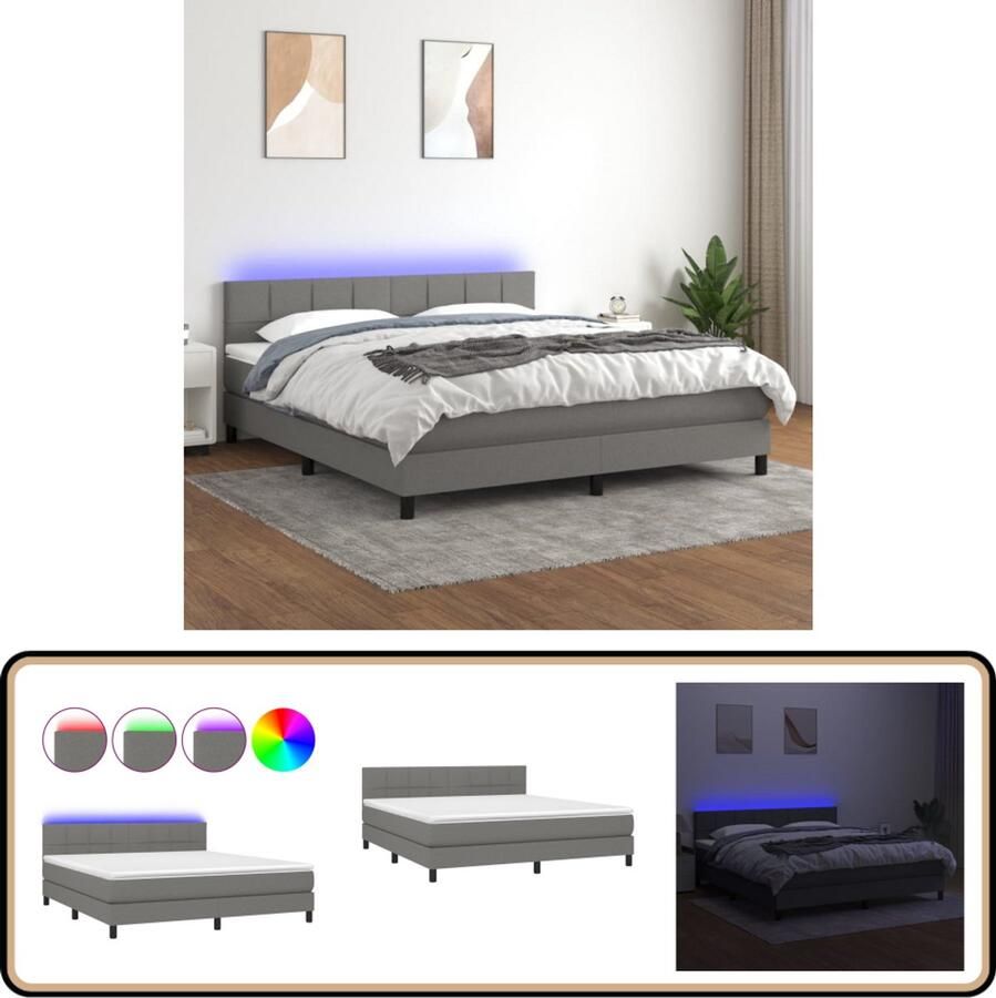 VidaXL Boxspring Stof Donkergrijs 180x200 cm Boxspring Donkere Kleuren Led Verlichting Pocketed Veren Matras Hoofdbord Verstelbaar Tweepersoons Bed