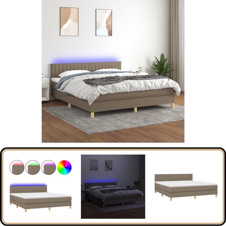 VidaXL Boxspring Met Matras en LED Taupe 180x200 cm Boxspring Bed Led Bed Verstelbare Hoofdbord Pocketveer Matras Huidgevend Topmatras Taupe Bed Slaapcomfort