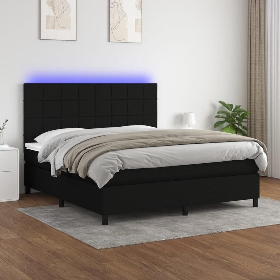 VidaXL Boxspring met LED 160x200 cm Zwart Boxspring Led Bed Hoofdbord Pocketveer Matras Slaapcomfort Zwarte Boxspring Tweepersoons Bed Design Bed Bedroom Furniture - Foto 2