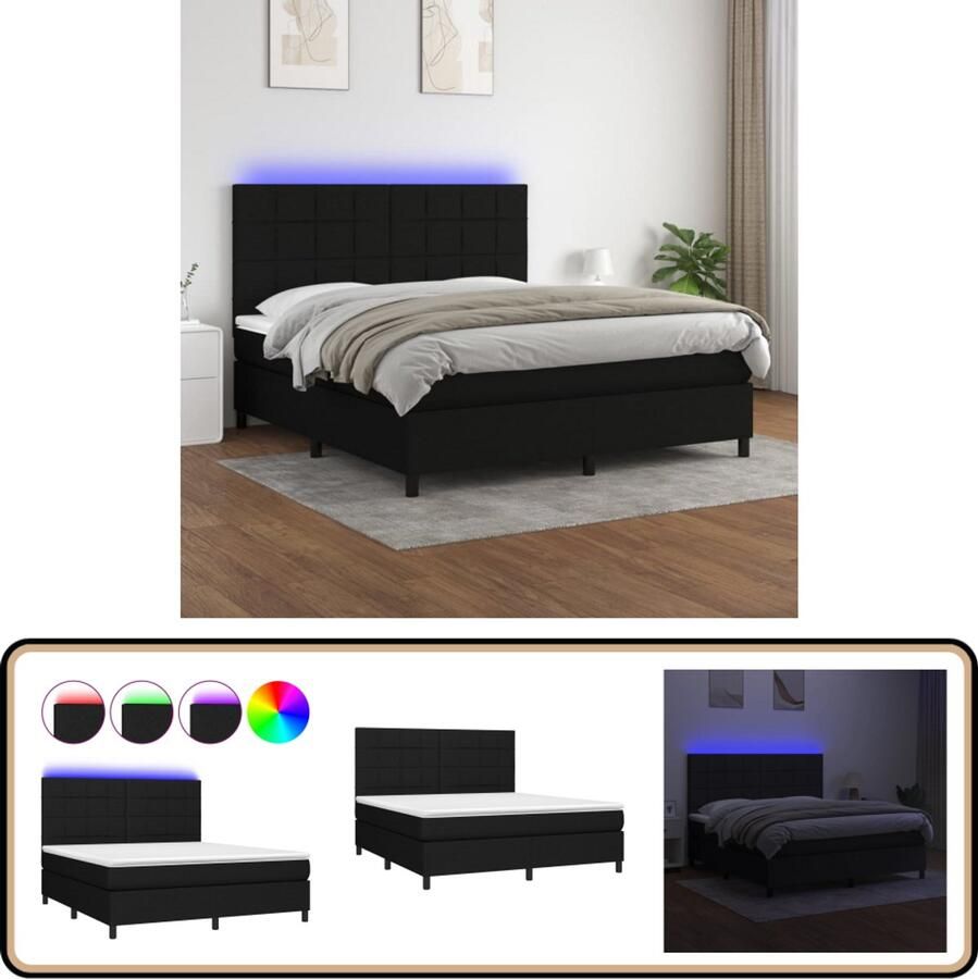 VidaXL Boxspring met LED 160x200 cm Zwart Boxspring Led Bed Hoofdbord Pocketveer Matras Slaapcomfort Zwarte Boxspring Tweepersoons Bed Design Bed Bedroom Furniture