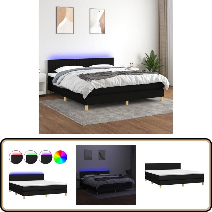 VidaXL Boxspring met LED 160x200 cm Zwart Boxspring Led Bed Verstelbare Hoofdbord Pocketveer Matras Huidgevend Topmatras